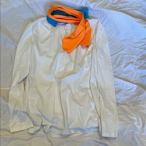 White Long Sleeve Shirt with Orange and Blue Scarf
